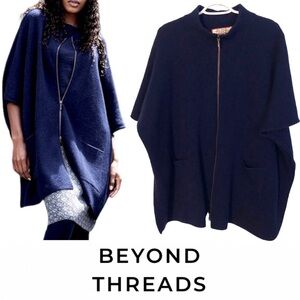 Beyond Threads Ruana Navy Alpaca Merino Wool Zip Up Mock Neck Poncho Sweater